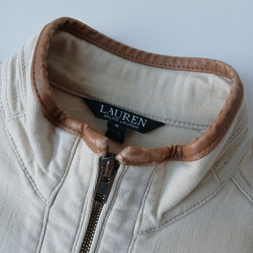 Lauren Ralph Lauren Canvas Moto Jacket Tan Leather Trim Medium - Picture 6 of 7